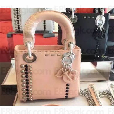 DIOR MINI "LADY DIOR" BAG CALFSKIN STUDDED WITH BEADS AND RHINESTONE PINK