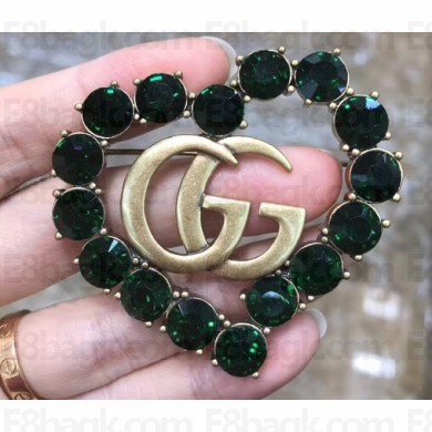 Gucci Heart Double G Brooch with Green Crystal 2019