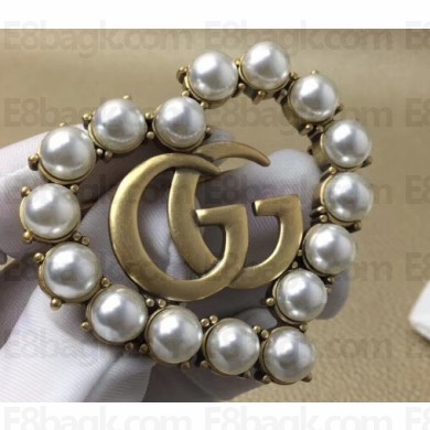 Gucci Heart Double G Brooch with Pearl 2019