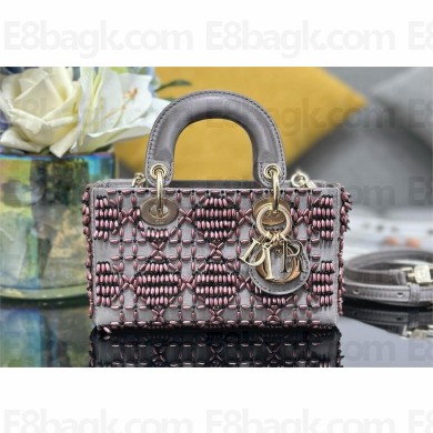 dior Lady D-Joy Micro Bag in gray Satin Embroidered with pink beads 2024