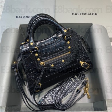 Balenciaga Neo Classic mini Top Handle Bag in in black shiny crocodile embossed calfskin 2021