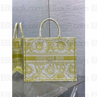 Dior LARGE Book Tote Bag in Lemon Yellow Toile de Jouy Soleil Embroidery 2024