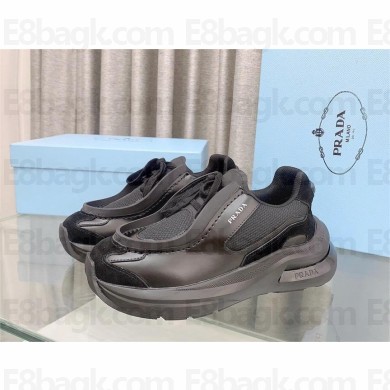 Prada men's Brushed leather sneakers with bike fabric and suede elements black 2023