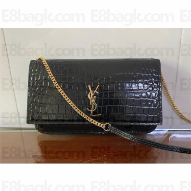 Saint laurent cassandre phone holder in shiny crocodile-embossed leather black 2025 (original quality)