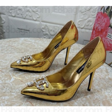 Dolce & Gabbana Patent Calfskin Pumps with DG crystal logo heel 10.5cm gold 2024