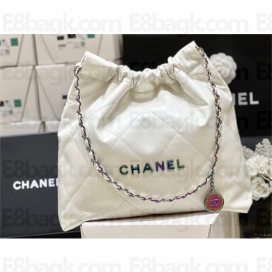 Chanel Shiny Calfskin & Rainbow Metal White 22 Handbag AS3261 2024(ORIGINAL QUALITY)