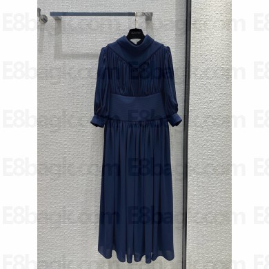LOUIS VUITTON Topstitch Detail Gathered Silk Dress BLUE 2024
