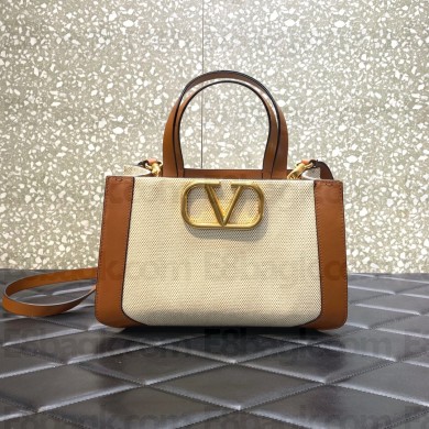 VALENTINO GARAVANI Vlogo Signature Small Canvas Tote Bag brown/white 2022