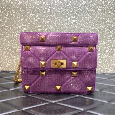 VALENTINO MEDIUM ROMAN STUD THE SHOULDER BAG WITH CHAIN AND SPARKLING EMBROIDERY PURPLE 2022