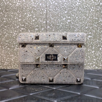 VALENTINO MEDIUM ROMAN STUD THE SHOULDER BAG WITH CHAIN AND SPARKLING EMBROIDERY silver 2022