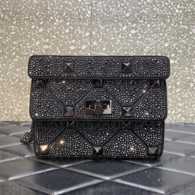 VALENTINO MEDIUM ROMAN STUD THE SHOULDER BAG WITH CHAIN AND SPARKLING EMBROIDERY black 2022