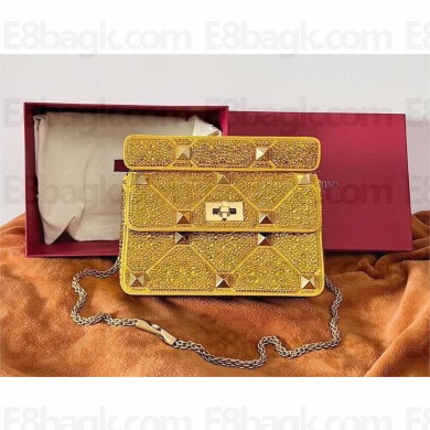 VALENTINO MEDIUM ROMAN STUD THE SHOULDER BAG WITH CHAIN AND SPARKLING EMBROIDERY yellow 2022