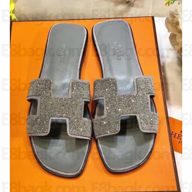 Hermes Oran Flat Sandals with Rhinestone Silver/Grey 2018