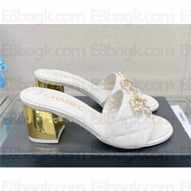 Chanel HEEL 7CM QUILTING CALFSKIN MULES WITH BUTTERFLY CHAIN WHITE 2023