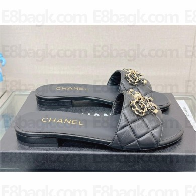Chanel QUILTING CALFSKIN MULES WITH BUTTERFLY CHAIN BLACK 2023