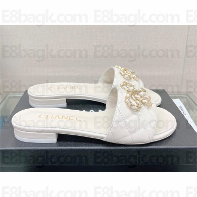 Chanel QUILTING CALFSKIN MULES WITH BUTTERFLY CHAIN WHITE 2023