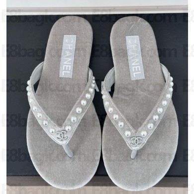 chanel pearl flip-flops with CC Logo grey Velvet G46205 2025