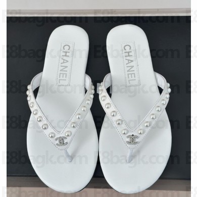 chanel pearl flip-flops with CC Logo white leather G46205 2025