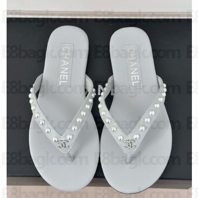 chanel pearl flip-flops with CC Logo grey leather G46205 2025