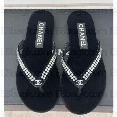 chanel pearl flip-flops Crystals with CC Logo black Velvet G46205 2025