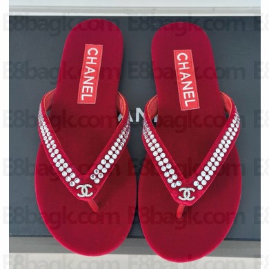 chanel pearl flip-flops Crystals with CC Logo burgundy Velvet G46205 2025