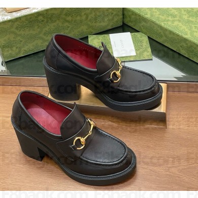 Gucci Horsebit leather loafer pumps in black heel 9cm 1111-2024
