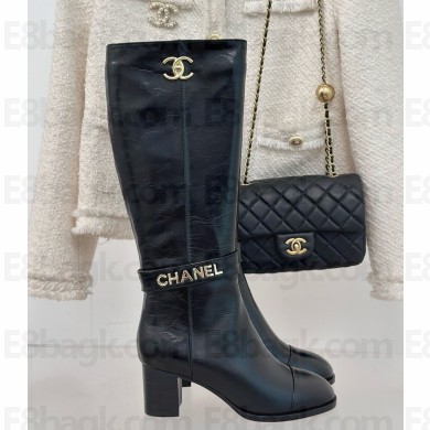 chanel black leather High Boots with CC Logo heel 8cm 1111-2024