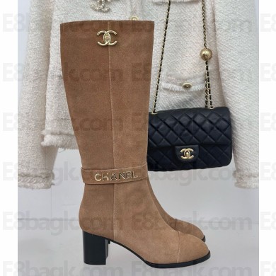 chanel brown suede leather High Boots with CC Logo heel 8cm 1111-2024