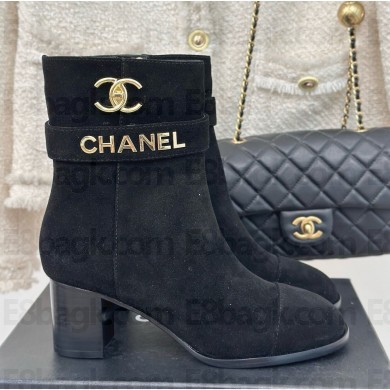 chanel black suede leather ankle Boots with CC Logo heel 8cm 1111-2024