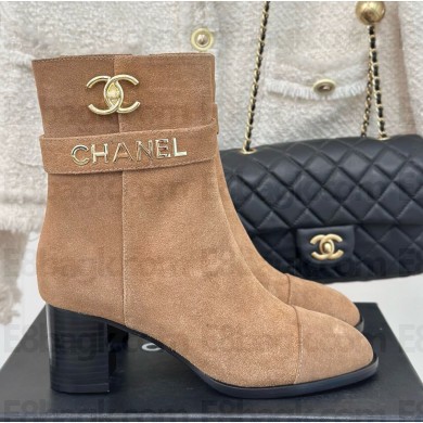 chanel brown suede leather ankle Boots with CC Logo heel 8cm 1111-2024