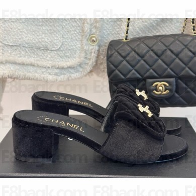 Chanel Velvet  CC Logo classic slippers Black  heel 5cm 1113-2024