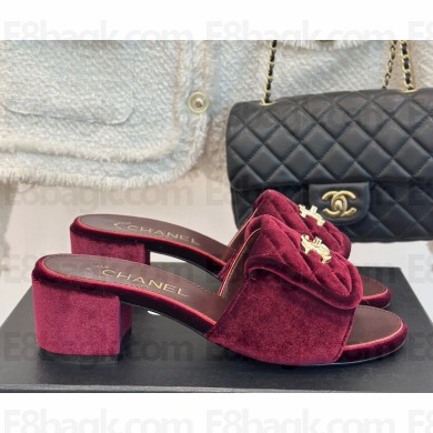 Chanel Velvet  CC Logo classic slippers Burgundy  heel 5cm 1113-2024