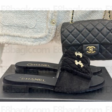 Chanel Velvet CC Logo classic slippers Black heel 1.5cm 1113-2024