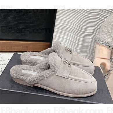 Chanel suede leather with Shearling CC Logo  Mules grey 1113-2024