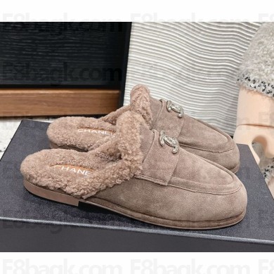 Chanel suede leather with Shearling CC Logo  Mules dark grey 1113-2024