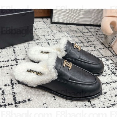 Chanel leather with Shearling CC Logo  Mules black 1113-2024