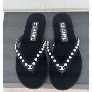 chanel pearl flip-flops with CC Logo black Velvet G46205 2025