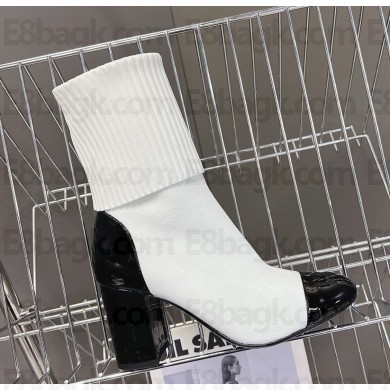 Chanel CC 85mm Ankle Boots Black Patent Knit white 1113-2024
