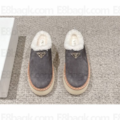 Prada Women's suede grey Triangle-logo Round-toe Mules 2024