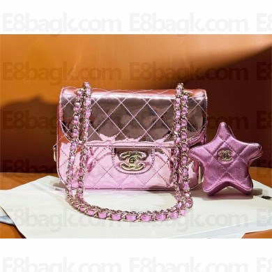 chanel Mirror Calfskin, Calfskin & Gold-Tone Metal Mini Flap Bag & Star Coin Purse AS4646 Metallic Light Purple 2024
