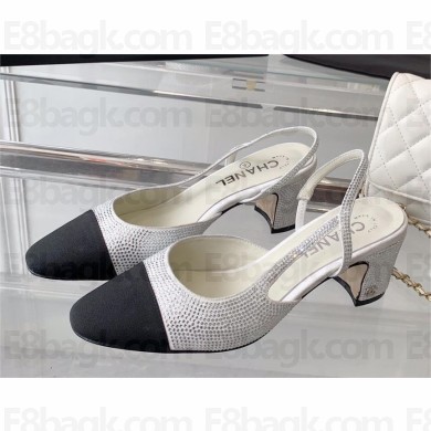 Chanel Heel 6.5cm Strass & Grosgrain Sling-Back G31318 Silver & Black 2023
