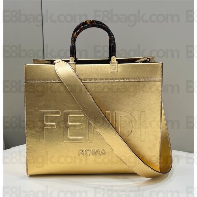 Fendi Sunshine Medium gold laminated leather shopper 2022