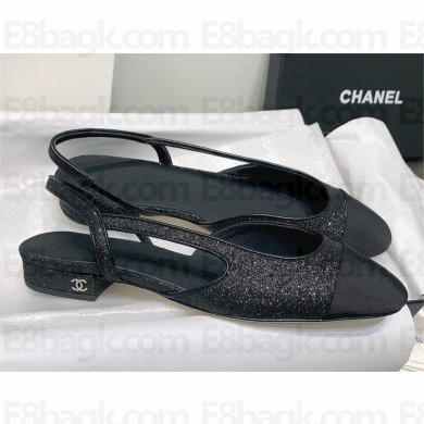 Chanel Heel 2cm Glitter & Grosgrain Sling-Back Black G31319 2023