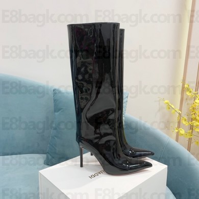 Amina Muaddi Fiona patent leather knee-high boots black 2022