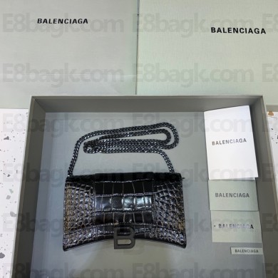 balenciaga hourglass wallet with chain crocodile embossed so black