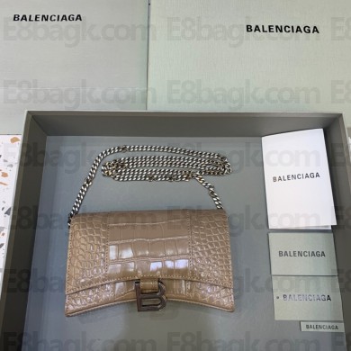 balenciaga hourglass wallet with chain crocodile embossed elephant gray