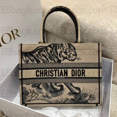 Dior Medium Book Tote Bag in Brown and Black Macro Toile de Jouy Tiger Embroidery 2022