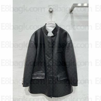 Gucci BLACK Black GG embossed leather JACKET 2024 