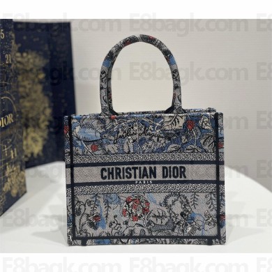 Dior Small Book Tote Bag in Denim Blue Multicolor Dior Jardin Magique Embroidery 2023