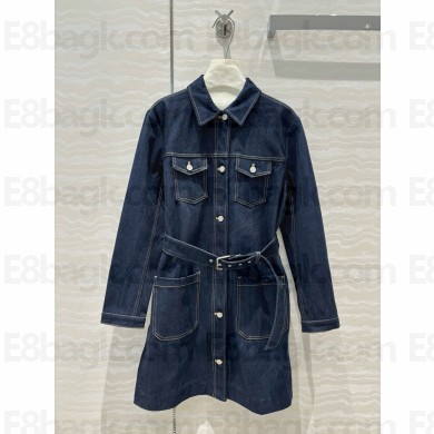 dior Long Belted Jacket in Blue Raw Cotton Denim 2024